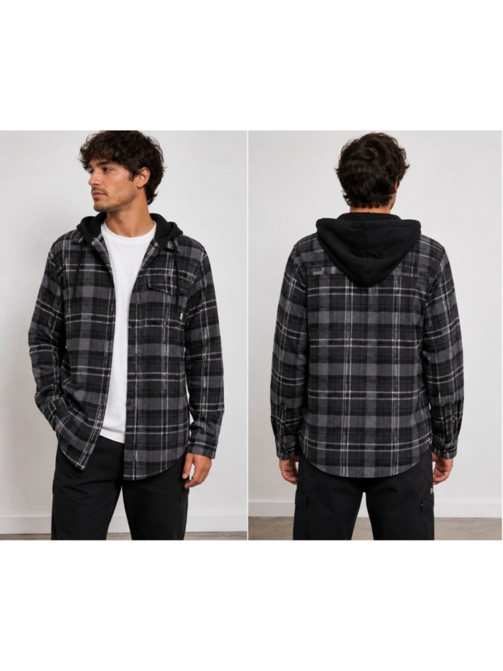 Vans Hooded Plaid Flannel Shirt Jacket Men’s Medium Gray Black Button Up Hoodie